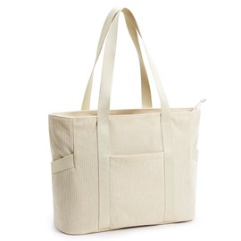 DIXEIGHT Large Corduroy Tote Bag for Women with Zipper Pockets, Everyday Shoulder Purse Handbag for Work Travel, Teacher Nurse Hobo Bag for Commuter Weekender Overnight (Medium, Beige)