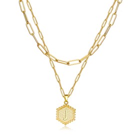 Layer Initial Necklace for Women 18K Gold Plated Layering Paperclip Link Chain Necklace Cute Hexagon Letter Pendant Initial Choker Necklace for Girls