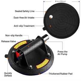 KVNTOOLS 2 Pack 880 lbs Load 8" Double Thickness Glass Suction Cups to Lift Large Glass, Tile Suction Cup,Heavy Duty Suction Cup,Glass Lifting Suction Cups Glass Suction Cups,(no Pressure Gauge)