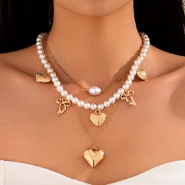 CRUSH CR Bohemian Pearl & Shell Choker Necklace Set - Adjustable Layered Jewelry for Women with Heart Charm & Shell Pendant Beach Wedding Summer Party Gift Occasions (Style 2)
