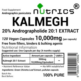 Nutrics® 10,000mg (per capsule) KALMEGH EXTRACT 120 V Capsules - 20% Andrographolide Strong One A Day - Andrographis paniculata Green Chiretta - 100%Pure No fillers (120 V Capsules (4 months supply))