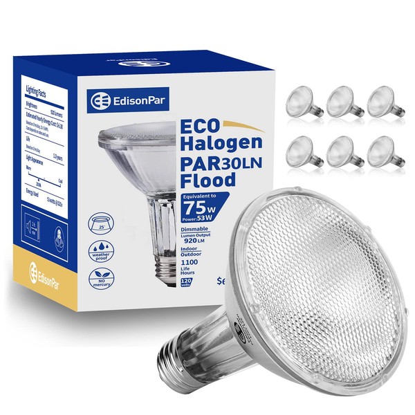 EdisonPar PAR30 Long Neck ECO Halogen Bulb 6 Pack 75W Equivalent, 920lm 25° Flood Light Dimmable E26 Base, 2900K Warm White Light CRI100 120V (PAR30LN Count of 6)