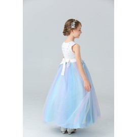 Weileenice Light Blue Lace Flower Girl Dress Long 6-7 Toddler Pageant Princess Wedding Birthday Party Maxi Dresses Rainbow Tulle Little Girls Formal Photo Shoot Bridesmaid Holiday Prom Ballgowns white