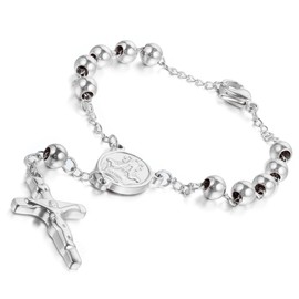 Cupimatch Damen Herren Religiöse Silber Ton Edelstahl Rosenkranz Wundertätige Medaille Kruzifix Kreuz Charme Link Kette Armband 21,8 cm