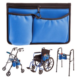 High Road Wheelchair Side Bag with Cup Holder - Stretch Neoprene Walker and Wheelchair Pouch with Insulating Wheelchair Cup Holder and 2 Storage Pockets (Blue)