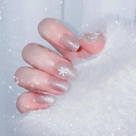 Christmas Press on Nails Short Square Fake Nails Full Cover False Nails with Snowflase Designs Acrylic Nails Press ons Glitter Nails Christmas Glue on Nails Short Stick on Nails for Women