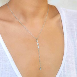 TseenYi Cubic Zirconia Lariat Necklace CZ Drop Lariat Necklace Chain Boho Crystal Long Dangling Y Necklace Long Y Drop Chain Necklace Jewellery for Women and Girls (Silver)