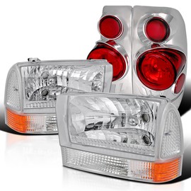 Spec-D Tuning Chrome Headlights + Corner Lights Signal Lights + 3D Tail Lamps for 1999-2004 Ford F250/350 Super Duty Left + Right Pair