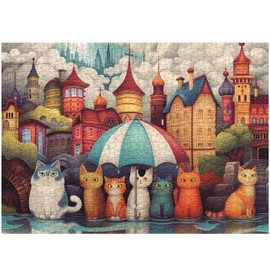 Katzen-Puzzles für Erwachsene, 1000 Teile, buntes Haus, regnerisches Kätzchen-Puzzle, herausforderndes niedliches Tierpuzzle als Wandkunst zu Hause