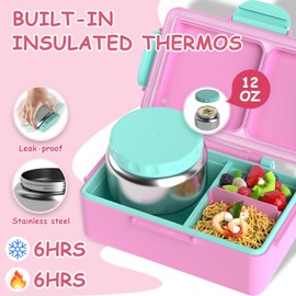Kids Bento Lunch Box – 12 oz Stainless‑Steel Soup Thermo & 3‑Compartment Leak‑Proof Food Container with Built‑In Ice Pack, Insulated Food Jar for Boys & Girls, School & Travel