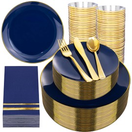 NOCCUR 350PCS Navy Blue Plastic Plates - Blue Disposable Dinnerware Set for 50 Guests, 100 Dinner/Dessert Plates, 150 Gold Silverware, 50 Cups&50 Napkins for Party/Wedding/Hanukkah