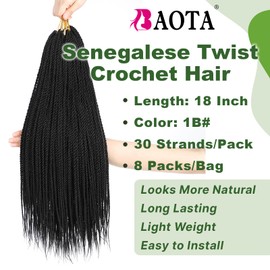 BAOTA Senegalese Twist Crochet Hair for Women Pre Looped Crochet Braids 18 Inch Micro Twist Crochet Hair Small Twist Braids with Natural Ends 8 Packs 240 Strands Black