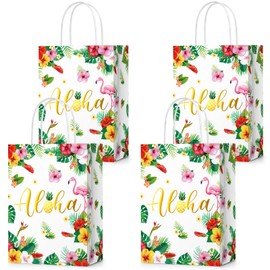 PerKoop 24 Pcs Hawaiian Gift Bags Aloha Luau Summer Themed Paper Bag Tiki Favor Bags Tropical Goodie Treat Bags with Handles for Baby Shower Party Favor Supplies