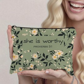 Nihilform Inspirational Floral Makeup Bag 'She Is Worthy' Proverbs 31 Motivational Religious Gifts for Women Friends Mom Bestie Birthday Appreciation Gifts Makeup Pouch Christmas Graduation 10x7 Inch