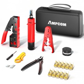 AMPCOM 8 in 1 Ethernet Crimping Tool Set for Pass Through RJ45/RJ11, STP Cat7/6A, UTP Cat6/5E/5 RJ45 Connectors, Includes 110 Punch Tool and Wire Stripper in Portable Waterproof Bag