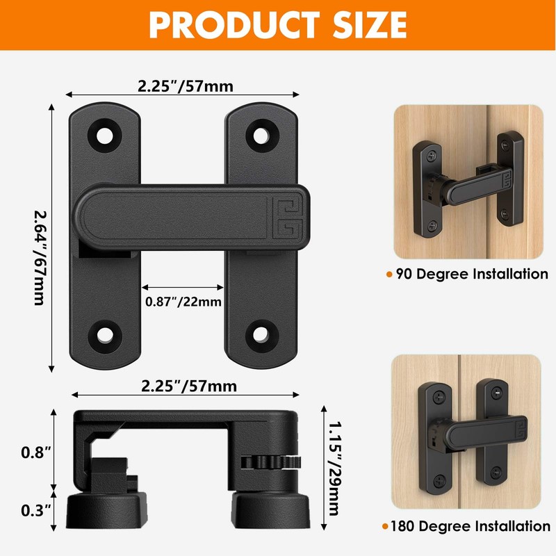 Barn Door Lock, 90/180 Degree Door Latch, Adjustable Lock Height