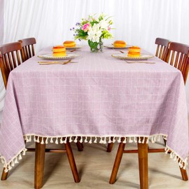 ShinyBeauty Square Tablecloth Cotton Pink Buffalo Plaid Tablecloths 55"X55" Wrinkle-Free Dust-Proof Table Linen Pink Embroidery Tassel Table Cloths Checkered Table Cloth Cover for Dining Decoration
