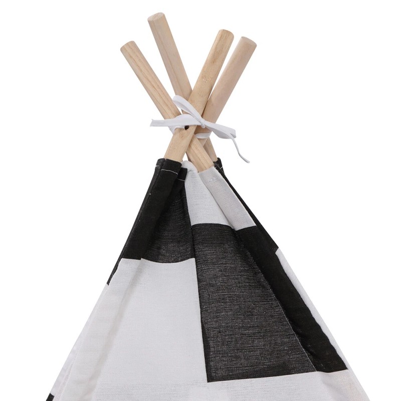 nic-473109 White Black Striped Kid Teepee Portable Canvas Tent Foldable