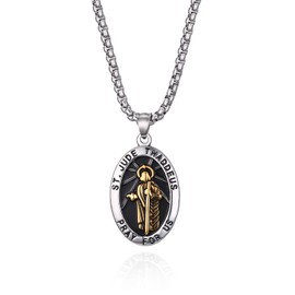 Flongo Rosary Men's Pendant Women's Necklace Stainless Steel Pendant Necklace Chain Silver Gold Golden St. Jude Thaddaeus Retro Oval Medallion, Stainless steel, high-quality, Thaddaeus
