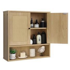 Rattan Bathroom Cabinet Wall Mounted,Double Door Wall Cabinet with Open Compartment,Over The Toilet Storage Cabinet,for Kitchen,Living Room Laundry Room(Natural Oak)