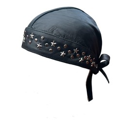 Leather Biker Bandana, Black with Star Studs, Tie-Back Design Free Size