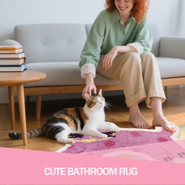 Cute Pink Cat Bathroom Rug, Soft Plush Girly Kawaii Animal Tufted Bath Room Mat, Non-Slip & Machine Washable, Absorbent & Quick Dry Floor Door Mat Home Decor for Shower, Tub and Sink, 19.7"x27.6"
