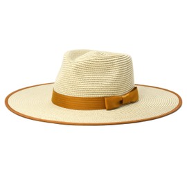 FLUFFY SENSE. Unisex Wide Brim Sun Hat Straw Panama Rancher Fedora Hat for Men Beach Hat for Women (US, Alpha, Large, Beige)
