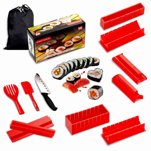 PRIME PRODUCTS Kit de fabricación de sushi, molde de sushi sin BPA, incluye 11 piezas de kit de sushi con cuchillo de sushi, 8 moldes de arroz, espátula y bolsa de nailon
