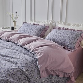 YuHeGuoJi Purple Ruffle Duvet Cover Queen 100% Cotton Cute Floral Duvet Cover 3 Pcs Set 1 Decorative Romantic Botanical Duvet Cover with Zipper Ties 2 Pillow Shams Lilac Purple Flower Bedding