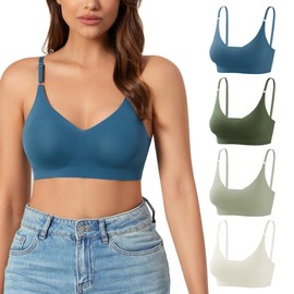 DEANGELMON 4 Pieces V Neck Bralettes Padded Seamless Adjustable Straps Bra Everyday Basic Sleeping Bras (4P8,M)