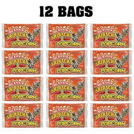 KICKIN' Sriracha Microwave Popcorn Bags - 12 Pack - Ultimate Spicy Popcorn Gourmet Gift - Makes a Great Movie Theater Popcorn or Sriracha Snack Food for Movie Night