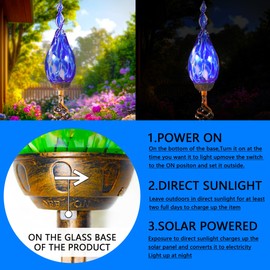 Naboher Solar Garden Lights, Decorative LED Flame Garden Stakes, Hand Blown Glass and Outdoor Waterproof Glass Stakes (Dark Blue)