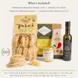 Bellina Pasta Alla Carbonara Italian Food Gift Basket - Gourmet Gift Basket With Pici Pasta, Aged Cheese, Pasta Sauce, Ligurian Olive Oil From Italy for Family, Friends, Get Well, Birthdays, Holidays