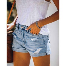 Alaster Queen Women's Denim Shorts Medium Waist Crimping Hotpants Ripped Denim Shorts for Summer, C light blue