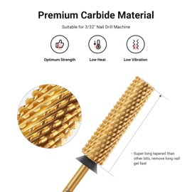 MelodySusie Super Long Tapered Nail Drill Bits, 3/32'' Carbide Tungsten Bits, Suitable for Manicure Pedicure Cuticle Gel Polishing, Professional Advanced Bits, Gold, Series Bit-X, Extra Coarse