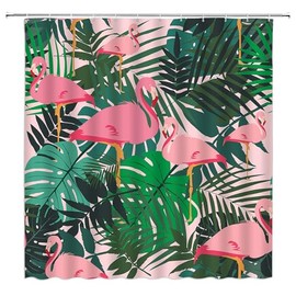 CCXTCZ Flamingo Shower Curtain Palm Leaf Green Tropical Leaves Hawaii Watercolor Birds Plant Fabric Bathroom Decor Curtains with Hooks,Pink Green