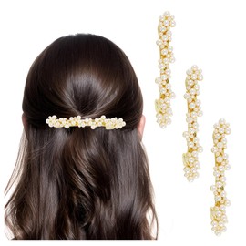 Framendino, 3 Pack Pearl Hair Clips Small French Barrette Clip Elegant Gold for Women Bridal Wedding Decorative