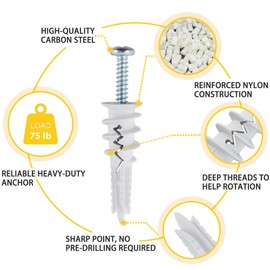 JEGONFRI 100PCS Self Drilling Drywall Anchors and #8 Screws, Wall Anchors for Drywall Heavy Duty Holds Upto 75LB, No Pre Drill Hole Required, Dry Wall Screws and Anchors Kit and Screwdriver