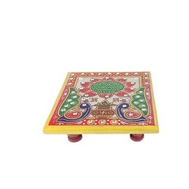 Export Quality Wooden Puja Chowki Pair with Intricate Floral Painting Used For Pooja Items Git Use Also. (Size 6x6 inch)