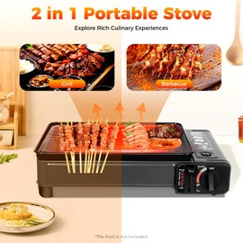 DDBESSIC Portable Butane Gas Grill Set, Adjustable Firepower Gas Grill Stove High Safety Tabletop Stove with Baking Sheet, Brush and Grilling Net, Korean BBQ Japanese Yakitori Camping Butane Stove
