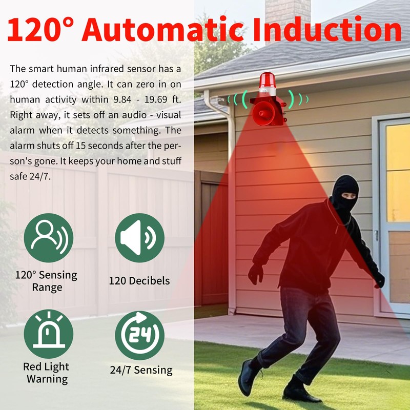 Motion Sensor Alarm with Human Detection,120dB Adjustable Siren & LED