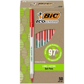 BIC Ecolutions Round Stic Ballpoint Pens, Medium Point (1.0mm), 50-Count Pack, Red Ink Pens Made from 97% Recycled Plastic