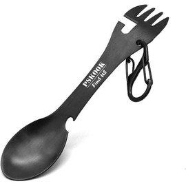 5-in-1 Utility Tactical Spork, Stainless Steel Spoon & Bottle Opener, Fork & Knife, Can Opener Combo Camping Utensil for Hiking, Camping or Backpacking (Black) - Colour: Black