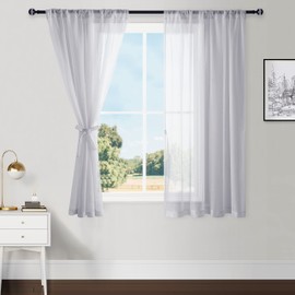 Hiasan Grey Sheer Curtains for Kitchen with Tiebacks, Rod Pocket Light Filtering Lightweight Voile Small Half Window Curtains for Bedroom, Living Room, Office, W42 x L45, Set of 2 Drape Panels