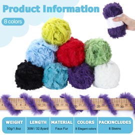 Threlaco 8 Balls Faux Fur Yarn Soft Chunky Fluffy Yarn for Crochet Knitting Total Length 8 x 30 m (Elegant Colors)