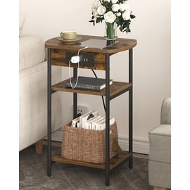 Hzuaneri End Table with Charging Station, 3 Tier Storage Bed Side Table with USB Port & Outlet, Nightstand for Living Room, Bedroom, Narrow Side Table, Rustic Brown and Black ET05201B