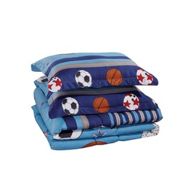 Chezmoi Collection 6-Piece Kids/Teens Mini Bed in a Bag - Soft Microfiber Navy Blue Black Orange Red White Basketball Football Soccer, Sports Comforter Set with Fitted Sheet Full Size
