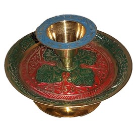 Candlestick Holder for Taper Candles Traditional Chamberstick Shape,Fits Standard Tapered Candles Made from Brass (Blue & Red)