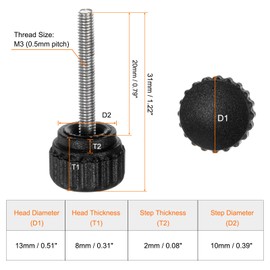 HARFINGTON 10pcs Knurled Clamping Knobs Thumb Screws M3 x 20mm Metric Male Thread 13mm Matte Plastic Head 304 Stainless Steel Stud Hand Threaded Knob Thumbscrew Handle, Black
