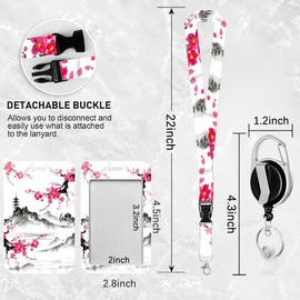 Lanyards for Id Badges,Japanese Mountain Cherry Blossom Floral Badge Reel Heavy Duty with Carabiner Clip,Work Name Tag Lanyard Ajustable ID Card Protector Case for Nurse Teacher Students